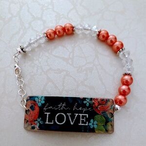 Hand Crafted Coral Pearl and Clear Crystal Bead "Faith Hope Love" Bracelet